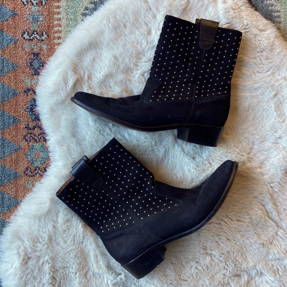 Rebecca Minkoff black suede mid calf boot gold studded leather moto boot 8.5